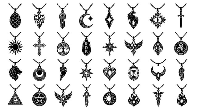 A set of 24 icon diverse fantasy necklace and amulet designs