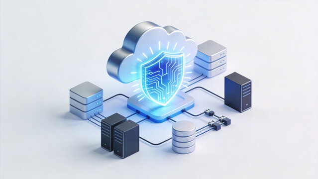Advanced cloud server infrastructure with secure enterprise digital network, idea for AI computing systems, cybersecurity hosting technology, scalable data storage, and modern IT platform solutions