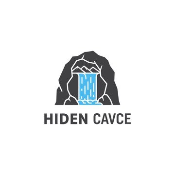 Hidden Cave Waterfall Icon with Blue Water Flowing Out of a Dark Mountain Cavern on an Isolated White Background