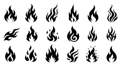 Naklejka premium A set of 18 diverse fire and flame icons for logo design, heat symbols, and warning signs.