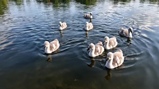 Large group of young grey cygnets swimming together across the surface of dark, reflective lake water, featuring detailed downy plumage and soft ripples on the water's surface.