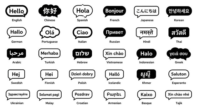 26 icons for various words, writing, vocabulary in 26 languages