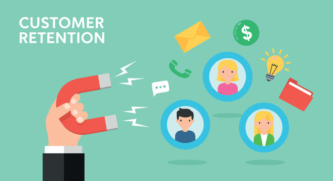 Customer retention marketing concept vector illustration with magnet attracting clients, communication and business loyalty strategy design