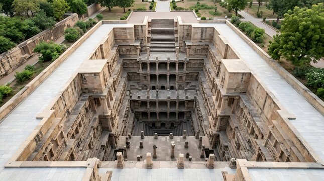 Historical rani ki vav stepwell in patan gujarat india featuring intricate stone carvings and ancient architecture with symmetrical stairs leading down to water tank on sunny day with blue sky.