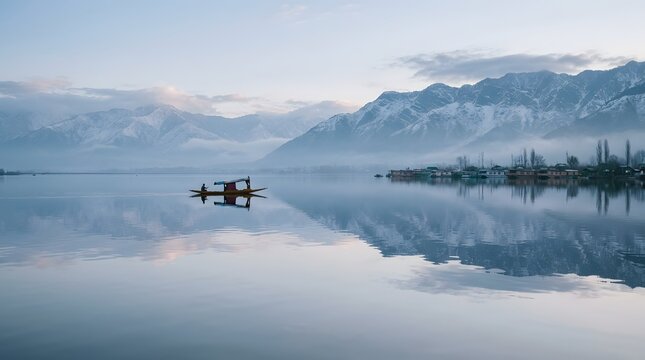 Dal lake in srinagar kashmir showing traditional shikara boat on calm water with snow capped mountains background during winter season featuring misty atmosphere and mountain reflection on surface.