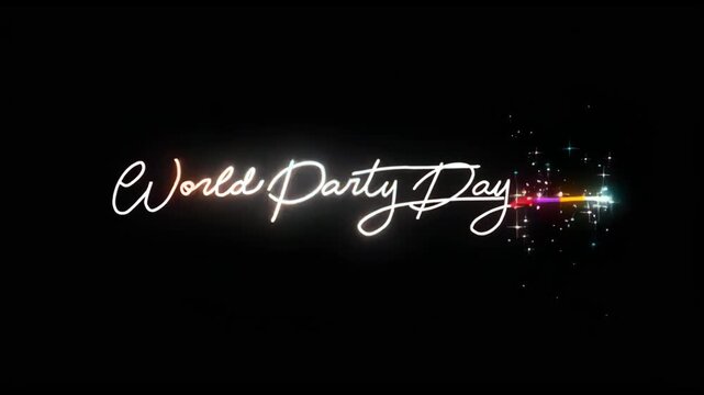 World party day text in white script with glowing rainbow light effect on black background