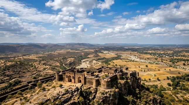 Drone shot of large ancient fortress perched on rocky cliff overlooking vast valley and rural landscape under cloudy sky.