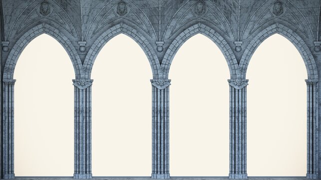 Abandoned night castle with a large gothic window or crypt
