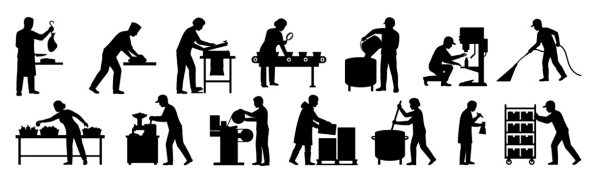 Food processing silhouettes and packaging workers | Industrial factory employees in various production line action poses black vector icon set
