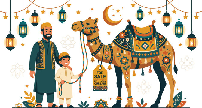 Father and son celebrate a cultural tradition with a beautifully adorned camel, festive lanterns, and a crescent moon, symbolizing joy