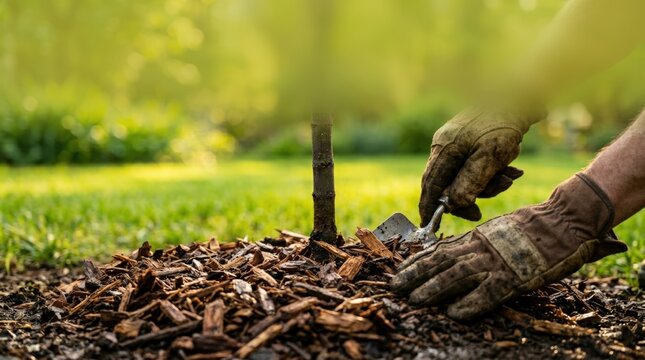 Gloved hands spreading mulch around young tree in garden