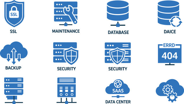 Set of blue computer internet and web hosting icons for website server network and cloud computing.
