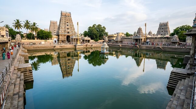 Chidambaram nataraja temple and sacred tank reflection tamil nadu south india architectural heritage religious site gopuram towers hindu pilgrimage destination historical monument traditional art.