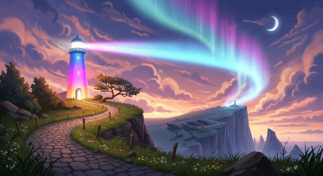 Lighthouse on Coastal Cliff Under Spectacular Aurora Borealis and Moonlit Night Sky