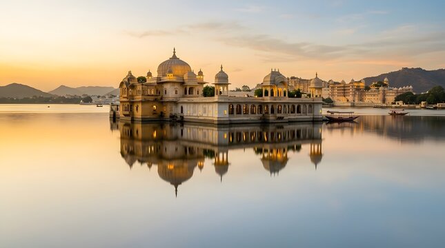 Jag mandir palace beautifully reflecting in tranquil waters of lake pichola during golden hour sunset in udaipur rajasthan india showing intricate dome architecture and floating marble structure.