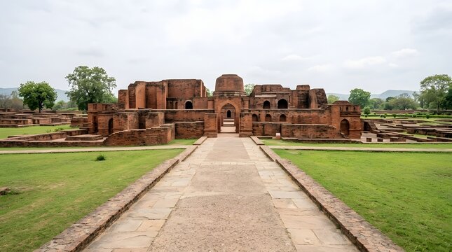 Ancient brick ruins of Nalanda university archaeological site in Bihar India under cloudy daylight sky showing historic Buddhist monastery .