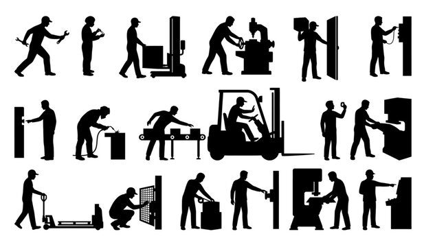 Manufacturing and factory worker silhouettes operating industrial machinery | Production line and warehouse staff in various action poses black vector set