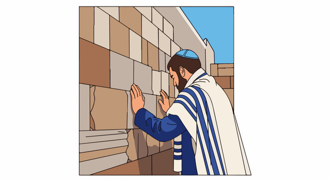 Man in prayer shawl touches ancient stone wall under blue sky