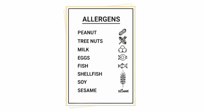 List of common food allergens with illustrative icons, including peanut, tree nuts, milk, eggs, fish, shellfish, soy, and sesame