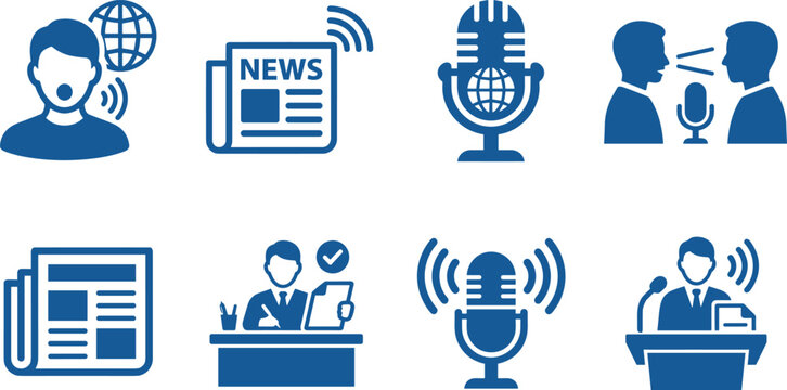 Set of blue media communication icons including news broadcast and journalism symbols for corporate business web design.
