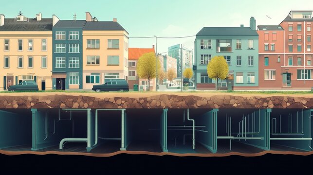 Explore the cross section of an underground city sewer system under buildings and streets with clear layout and structure