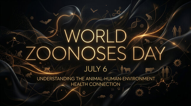 World zoonoses day poster with gold text and animal icons on black background