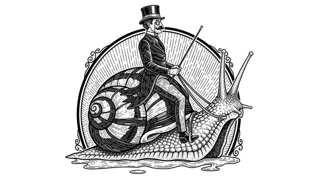 Vintage Surrealist Engraving of a Gentleman in a Top Hat Riding a Giant Snail