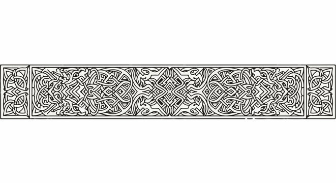 Intricate black and white Celtic knotwork border with knot patterns and abstract shapes