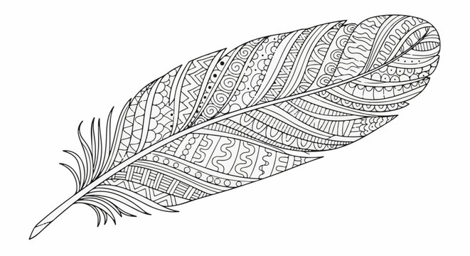 Intricate black and white feather design with varied geometric and swirling patterns