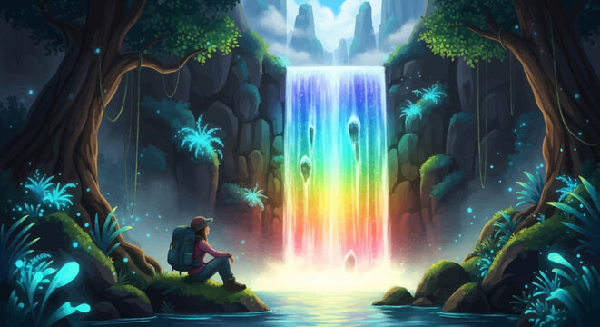 Magical Rainbow Waterfall Cascading in a Hidden Enchanted Forest with Glowing Foliage and Serene Pool