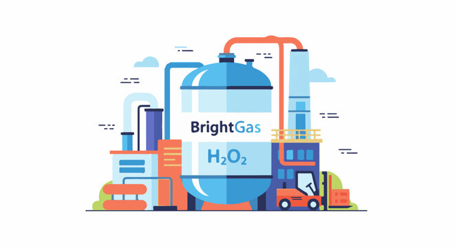 Industrial facility with large tank, pipes, and forklift on a white background