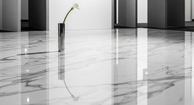 Polished white Statuario marble floor with subtle veining and striking reflection of a vase with a single flower