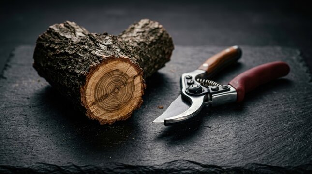 Freshly cut tree branch and pruning shears on dark stone surface