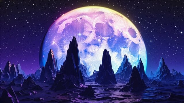 Crystalline Mountains Silhouette under Giant Moon AMOLED Wallpaper