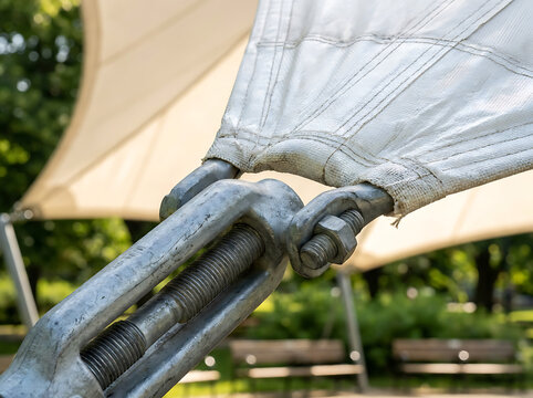 Detailed close-up of a sturdy metal turnbuckle and eye bolt connecting a white tensioned fabric canopy, emphasizing the robust structural hardware and outdoor architectural design