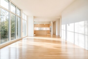 Fototapeta premium Bright, empty modern apartment interior with large windows and hardwood floors, a spacious new home or renovated condo, minimalist design for real estate and architectural projects