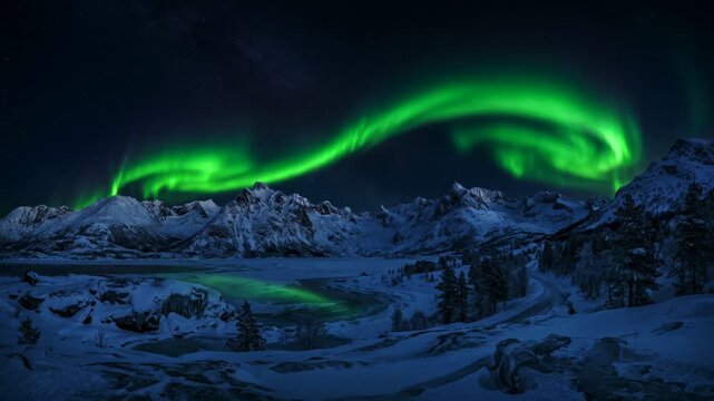 Powerful green Aurora Borealis arching over a vast snow-covered mountain range and icy valley under a starry night sky