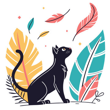 Graphic art of black cat and falling autumn leaves.