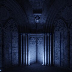 Naklejka premium Abandoned night castle with a large gothic window or crypt