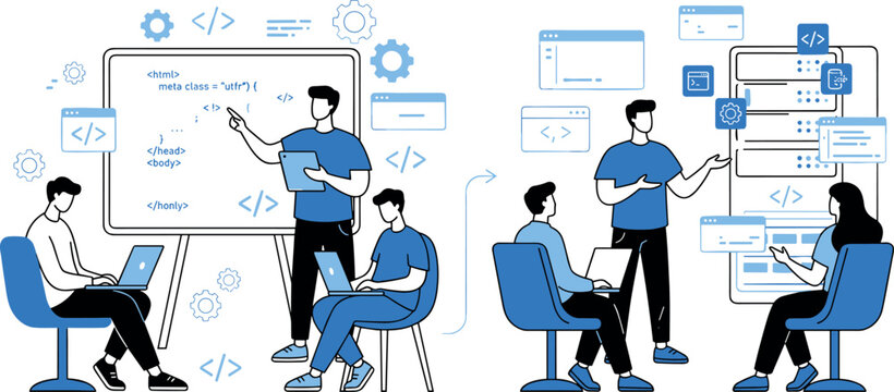 Set of Developer and Coding Illustrations Featuring People Working on Programming, Web Development, and Software Development Concepts