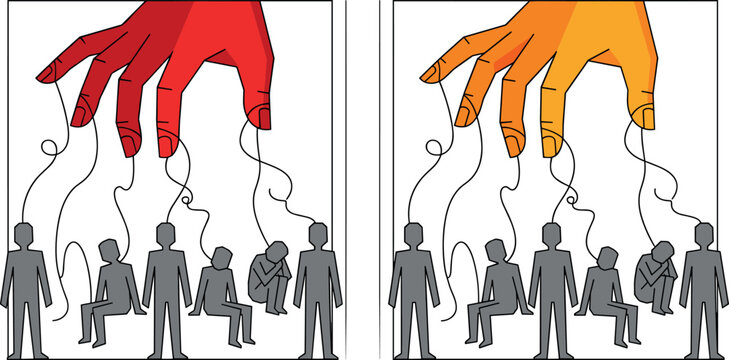 Set of Manipulation and Control Illustrations Featuring Hands Controlling People with Strings for Power, Authority, and Influence Concepts