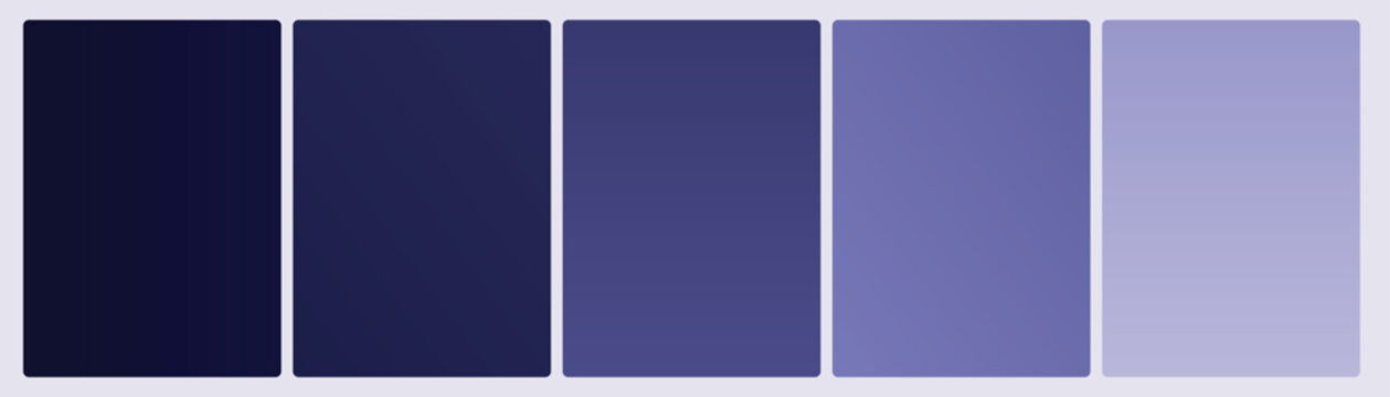Set of five cosmic astral gradient cards in dark navy indigo slate purple periwinkle and soft lavender space tones