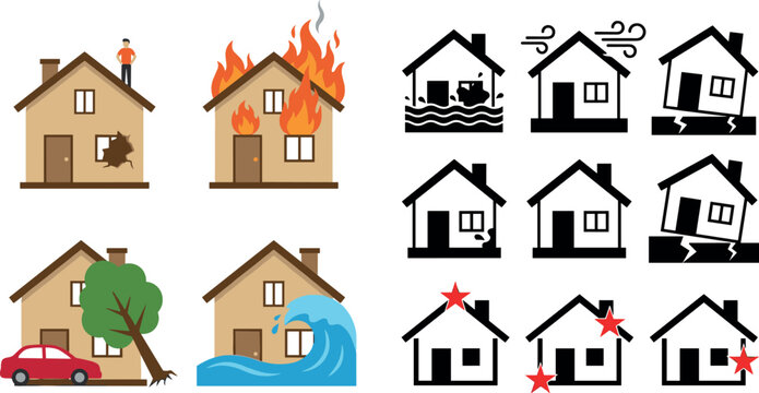 Set of Home Damage Icons Featuring Fire, Flood, Storm, Earthquake, and Natural Disaster for Property and Emergency Design Concepts