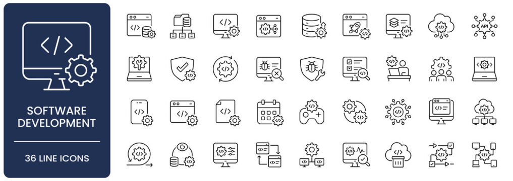 Software development icon set. Collection of programming, coding, application engineering, api integration and deployment line icon vector illustration with editable stroke.