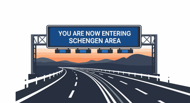 Highway sign announces entry into Schengen Area with a scenic mountain landscape