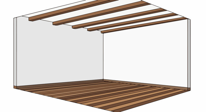 Interior view of an empty room with wooden floor and exposed ceiling beams