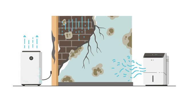 Illustration showing moldy, damp wall section with two dehumidifiers