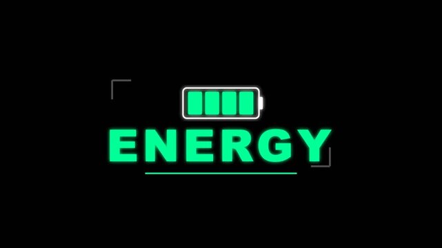 Green energy symbol with text 'ENERGY' and battery icon on black background