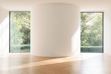 Fototapeta premium Minimalist modern interior, sunlit empty room with large windows, contemporary architectural space, clean design for real estate and home decor concepts