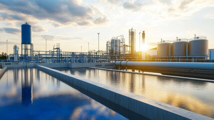 Fototapeta premium Industrial water filtration system with tanks and pipelines under bright lighting in a clean area